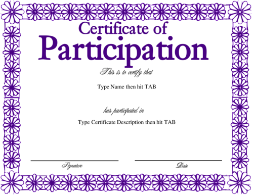 Certificate of Participation in purple with seal