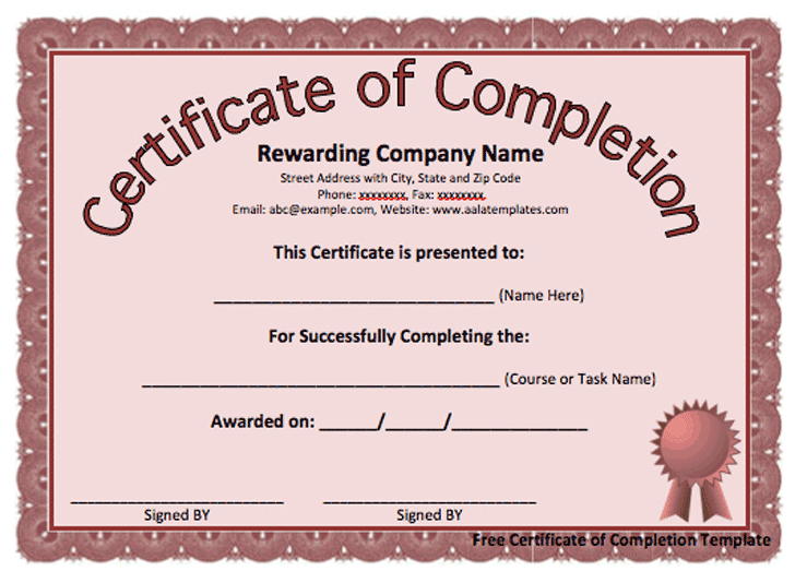 certificate of completion template free download in word