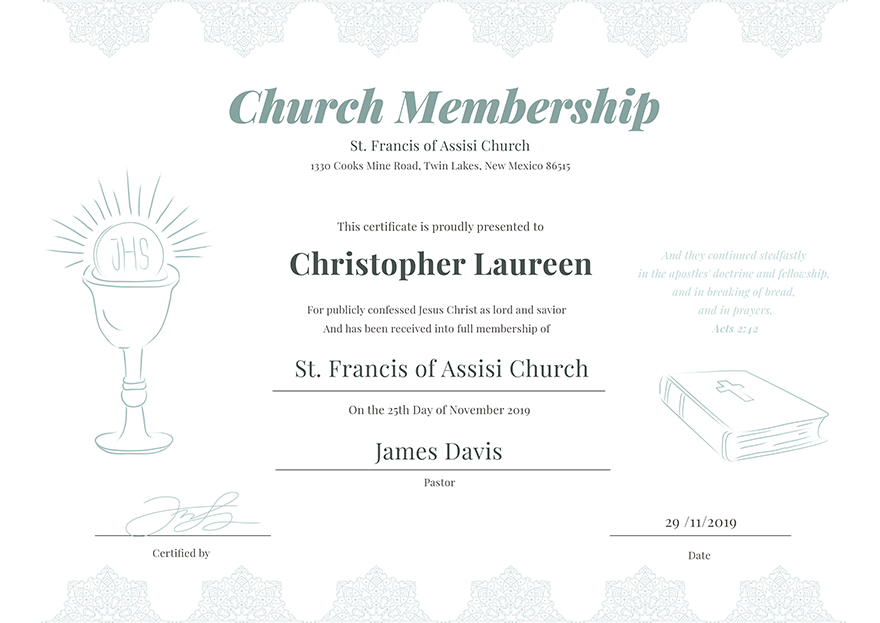 Certificate Church Membership editable word doc printable