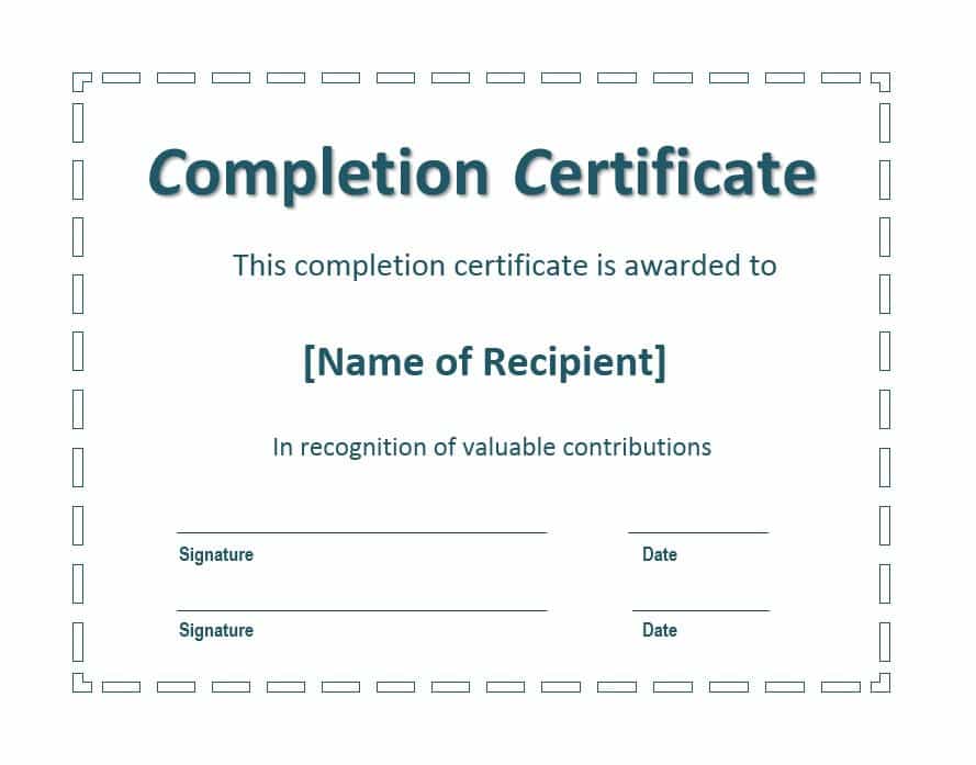 Certificate of Completion example editable MSWORD Document