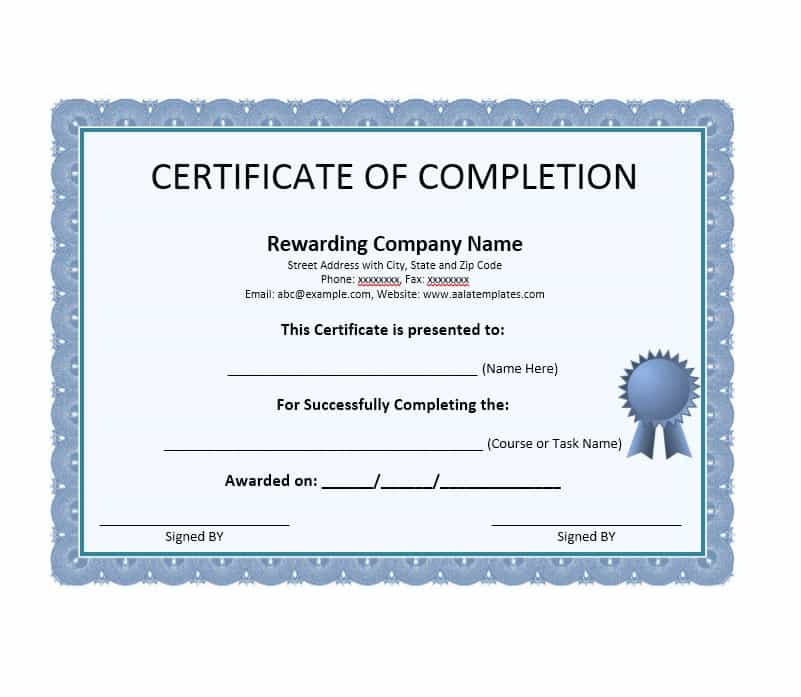 Certificate of Completion sample editable MSWORD Document